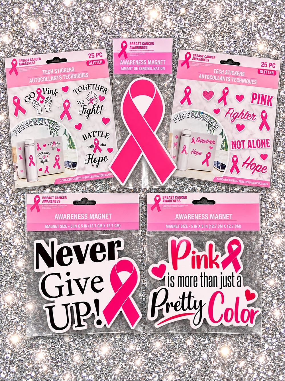 Breast Cancer Awareness Magnets (3) & (2) Tech Sticker Sets